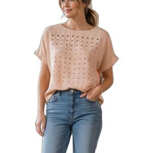 Vince Camuto Knit Boxy Top Size XL Metallic Studs Short Sleeve Peach Salmon